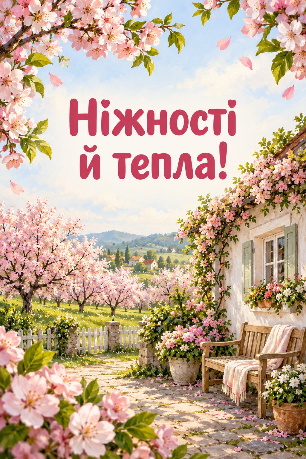 Листівка з днем народження в українському стилі: вишневий сад біля хати, напис «Ніжності й тепла!»