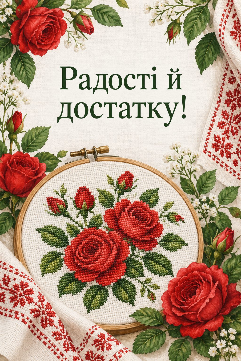 Листівка з днем народження в українському стилі: вишиті хрестиком троянди в п'яльцях, напис «Радості й достатку!»