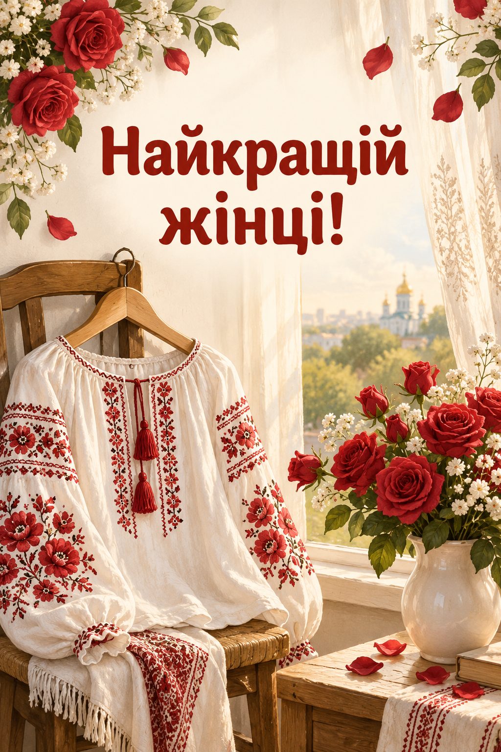 Листівка з днем народження в українському стилі: вишиванка на вішаку біля вікна й троянди, напис «Найкращій жінці!»