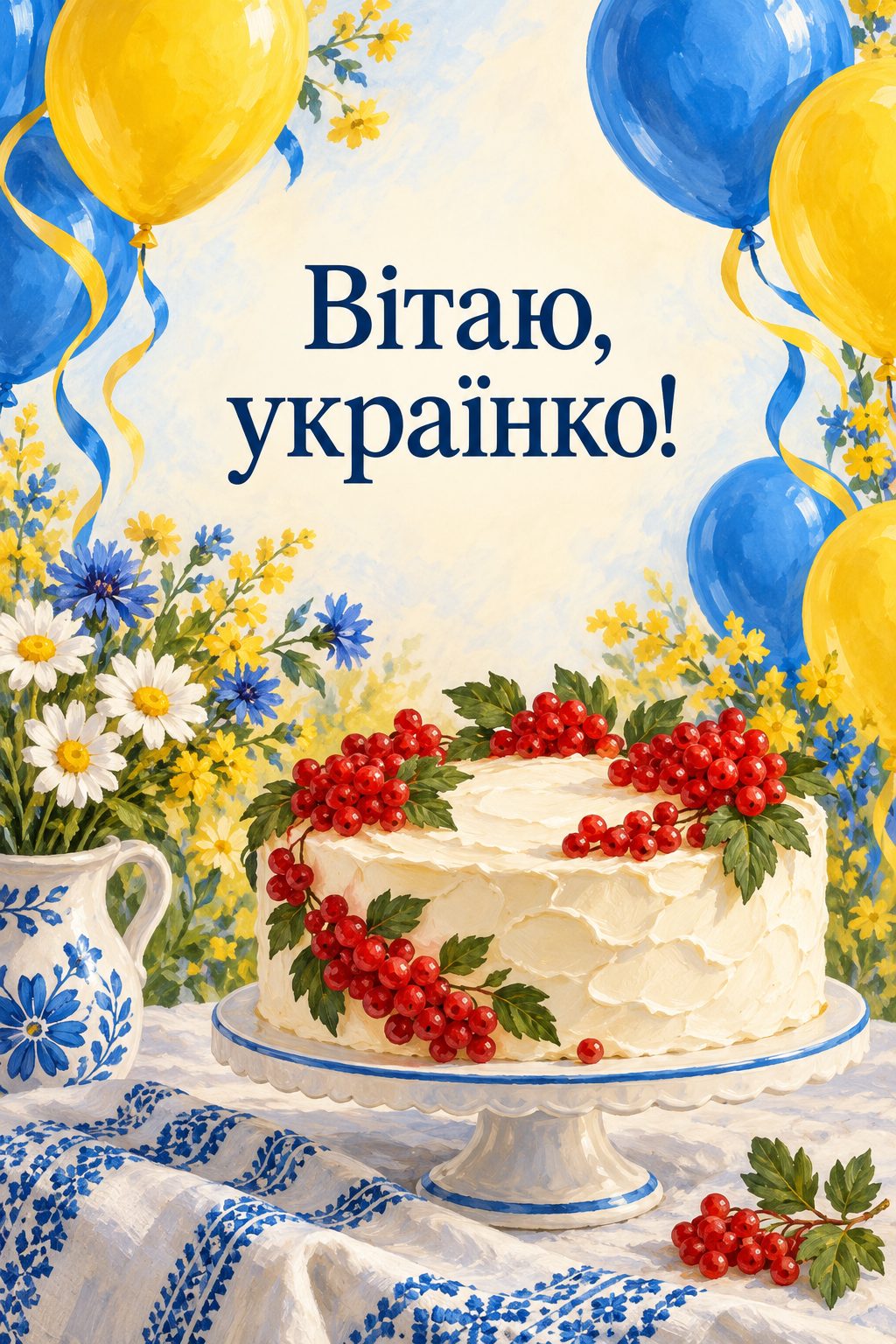 Листівка з днем народження в українському стилі: жовто-блакитні кульки над тортом із калиною, напис «Вітаю, українко!»