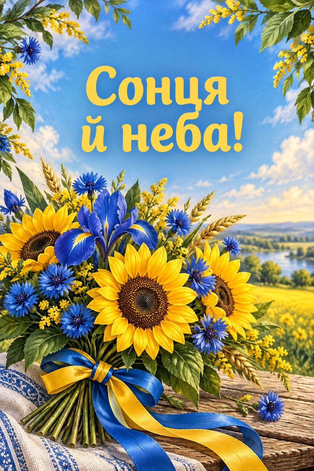 Листівка з днем народження в українському стилі: жовто-блакитний букет зі стрічкою, напис «Сонця й неба!»
