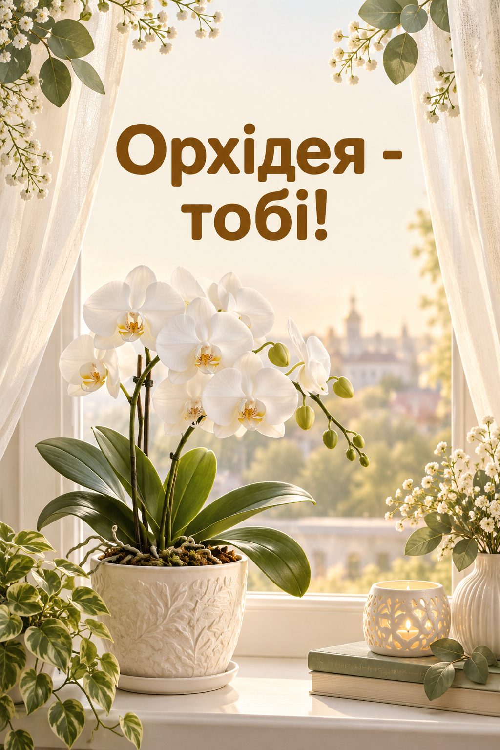 Листівка з днем народження з квітами: біла орхідея в горщику на підвіконні, напис «Орхідея - тобі!»