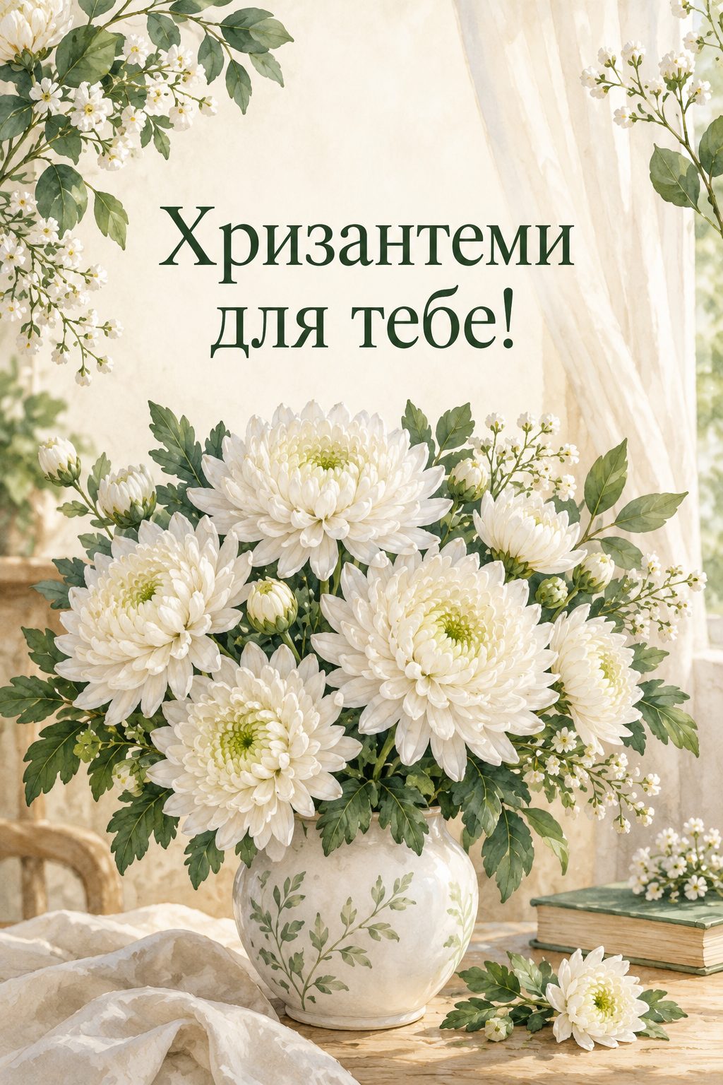 Листівка з днем народження з квітами: пишний букет білих хризантем, напис «Хризантеми для тебе!»