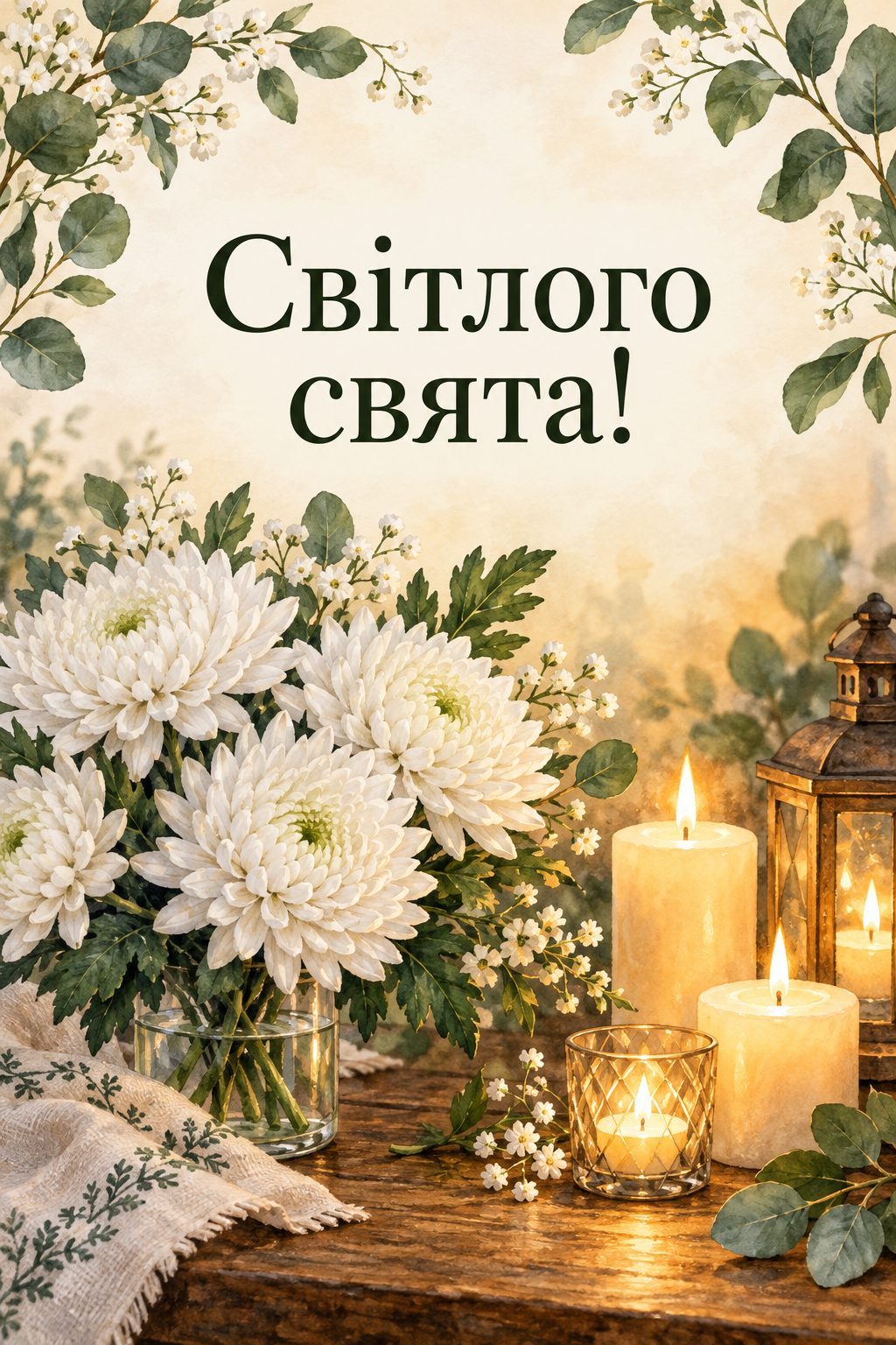 Листівка з днем народження з квітами: білі хризантеми й свічки на дерев'яному столі, напис «Світлого свята!»