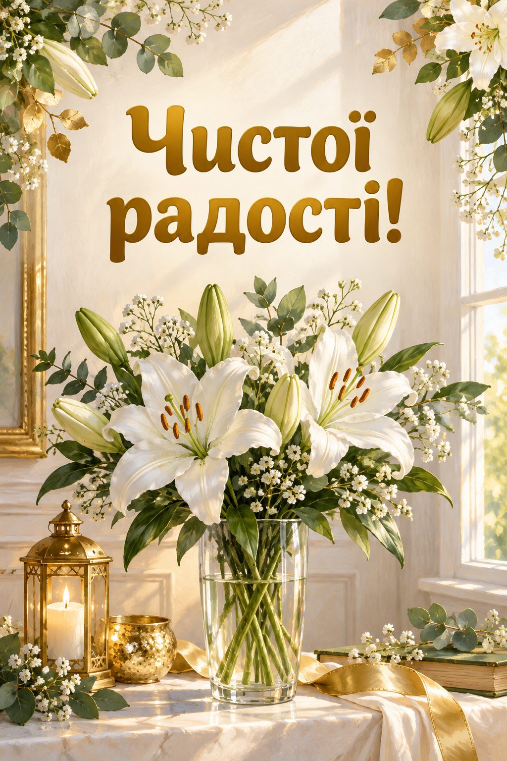 Листівка з днем народження з квітами: білі лілії у високій скляній вазі, напис «Чистої радості!»