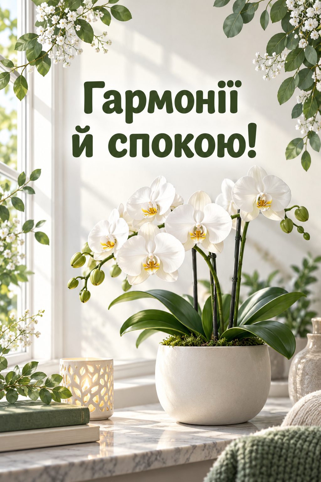 Листівка з днем народження з квітами: білі орхідеї у вазоні біля вікна, напис «Гармонії й спокою!»