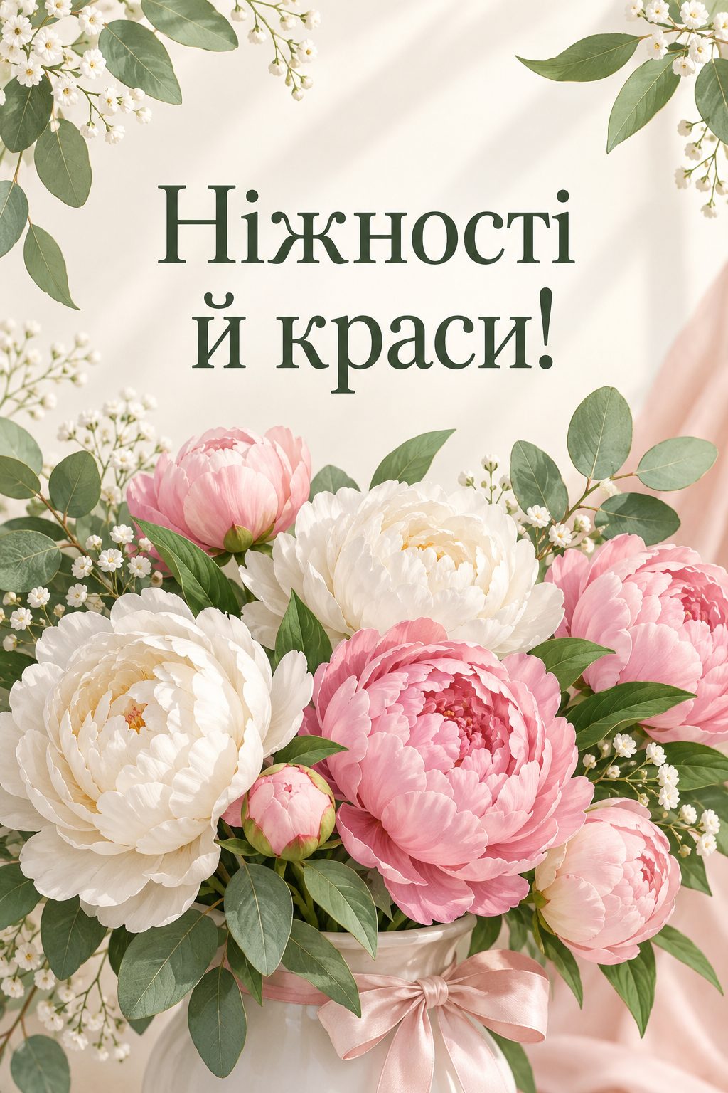 Листівка з днем народження з квітами: букет білих і рожевих півоній, напис «Ніжності й краси!»