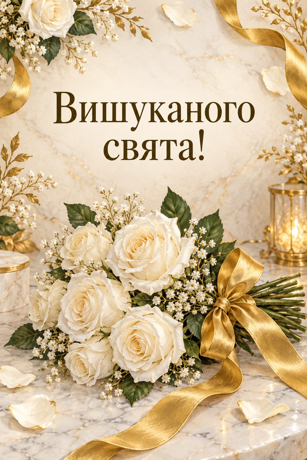 Листівка з днем народження з квітами: білі троянди із золотою стрічкою на мармурі, напис «Вишуканого свята!»