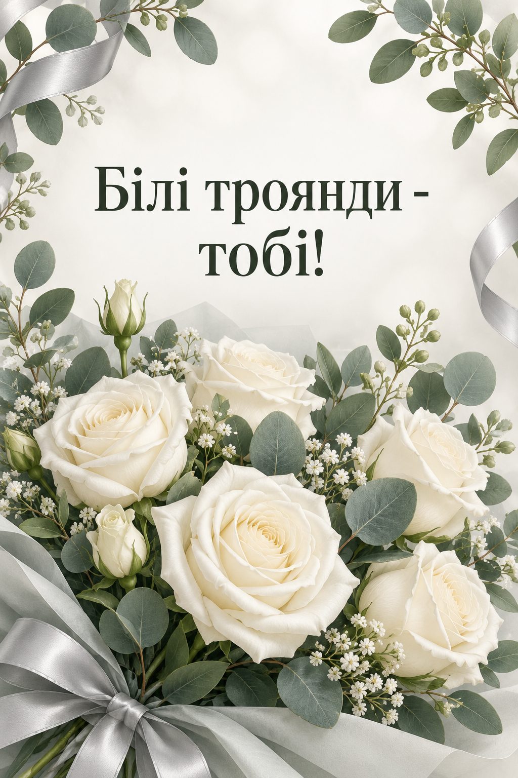 Листівка з днем народження з квітами: класичний букет білих троянд з евкаліптом, напис «Білі троянди - тобі!»