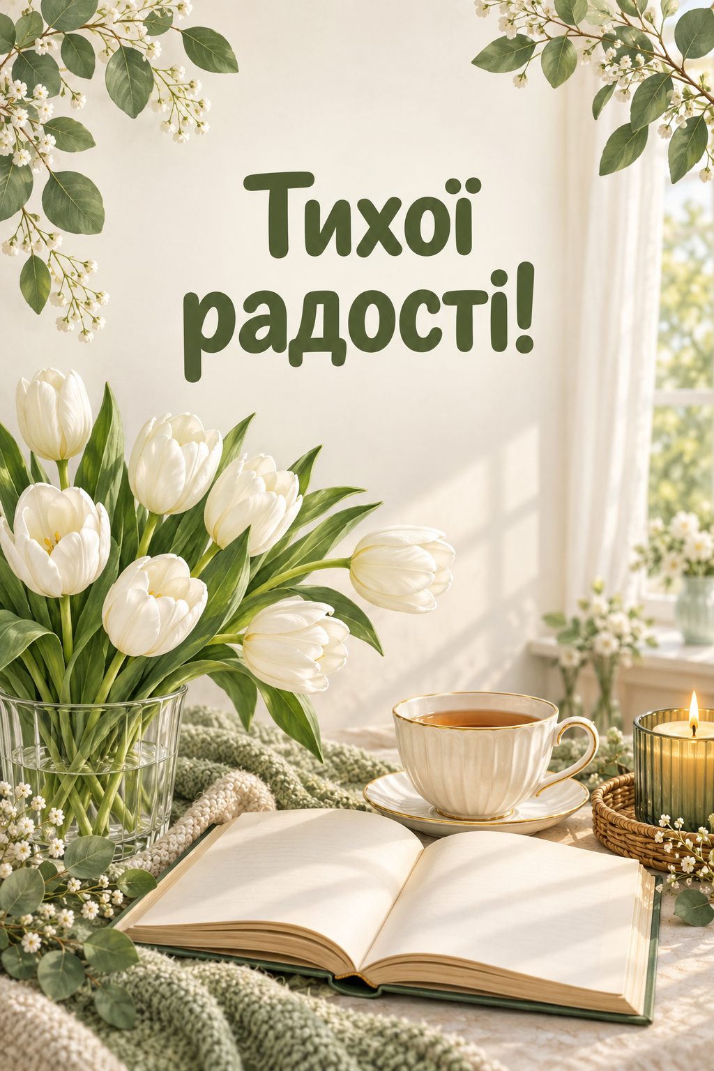 Листівка з днем народження з квітами: білі тюльпани, розгорнута книжка й чашка чаю, напис «Тихої радості!»