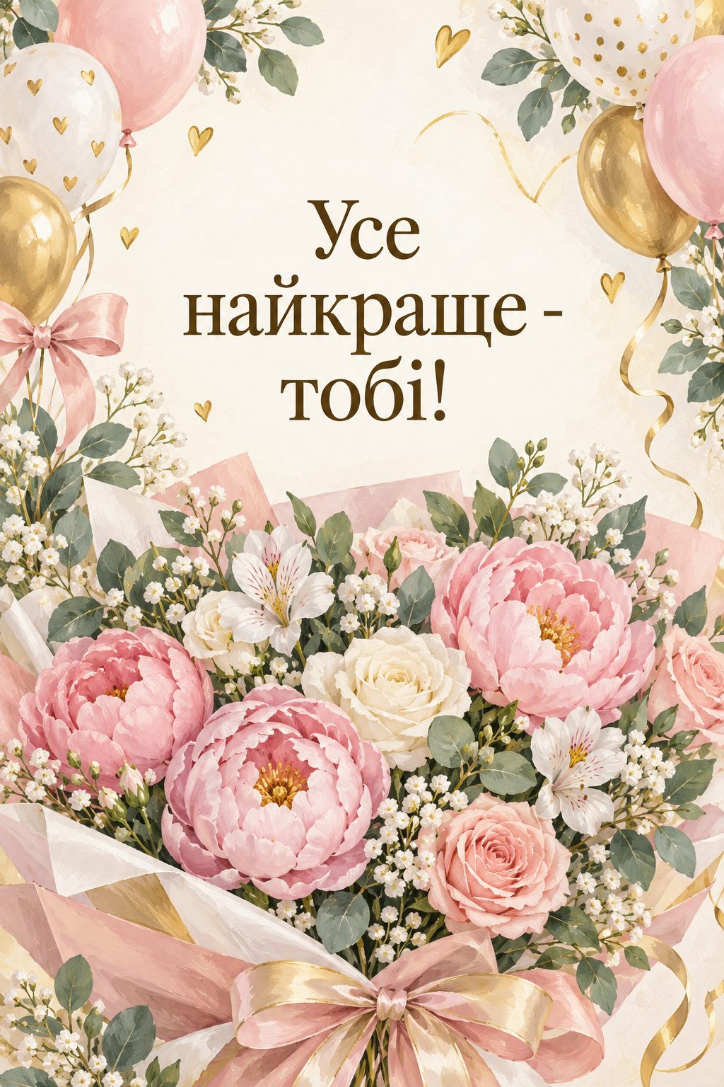 Листівка з днем народження з квітами: величезний букет квітів і пастельні кульки, напис «Усе найкраще - тобі!»