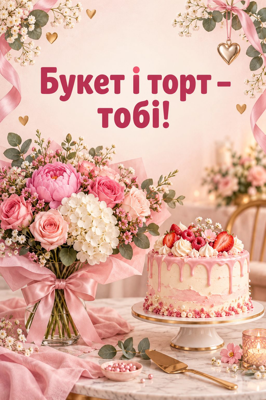 Листівка з днем народження з квітами: букет квітів і святковий торт, напис «Букет і торт - тобі!»