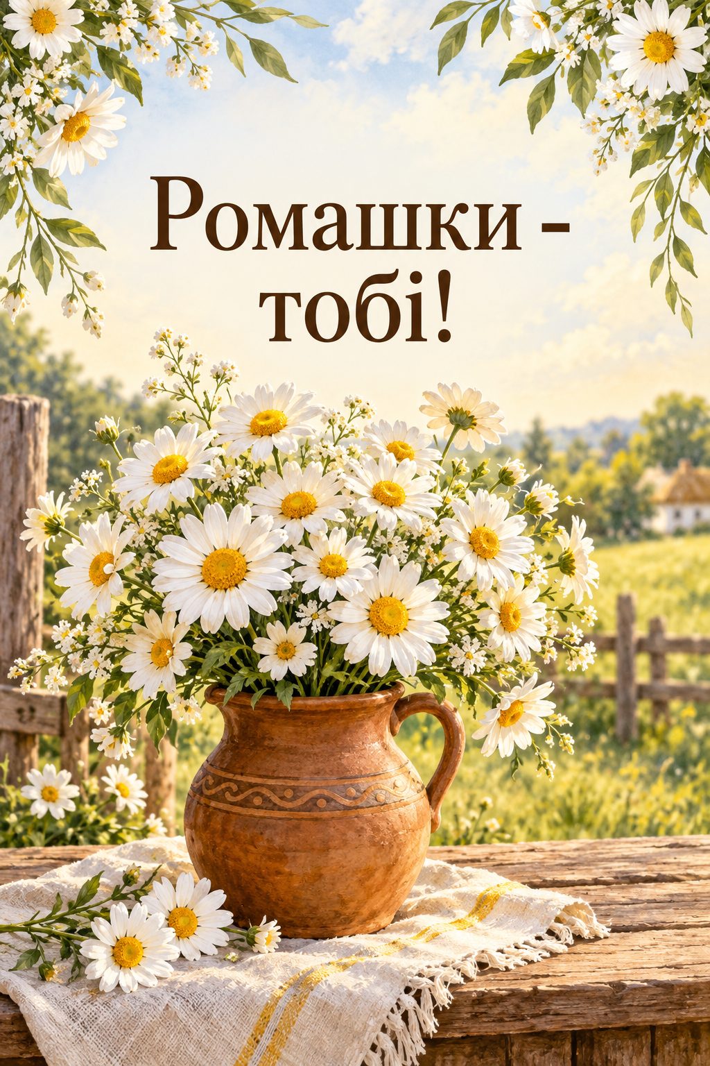 Листівка з днем народження з квітами: великий букет ромашок у глечику, напис «Ромашки - тобі!»