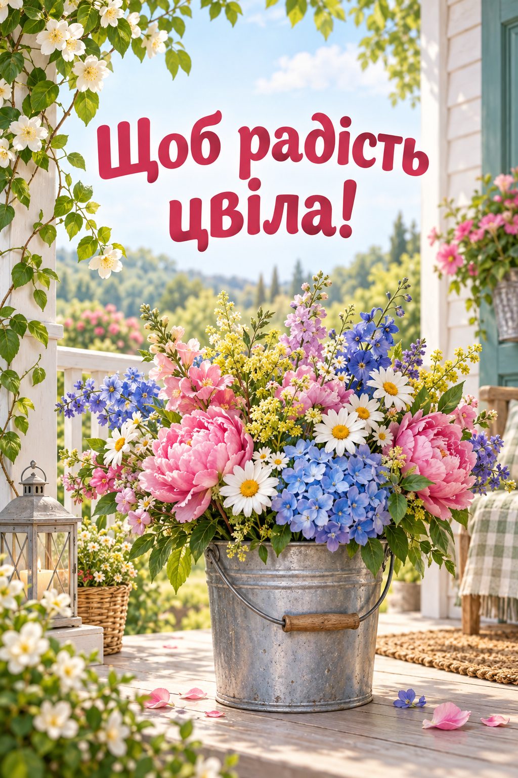 Листівка з днем народження з квітами: великий букет садових квітів у відрі на ґанку, напис «Щоб радість цвіла!»