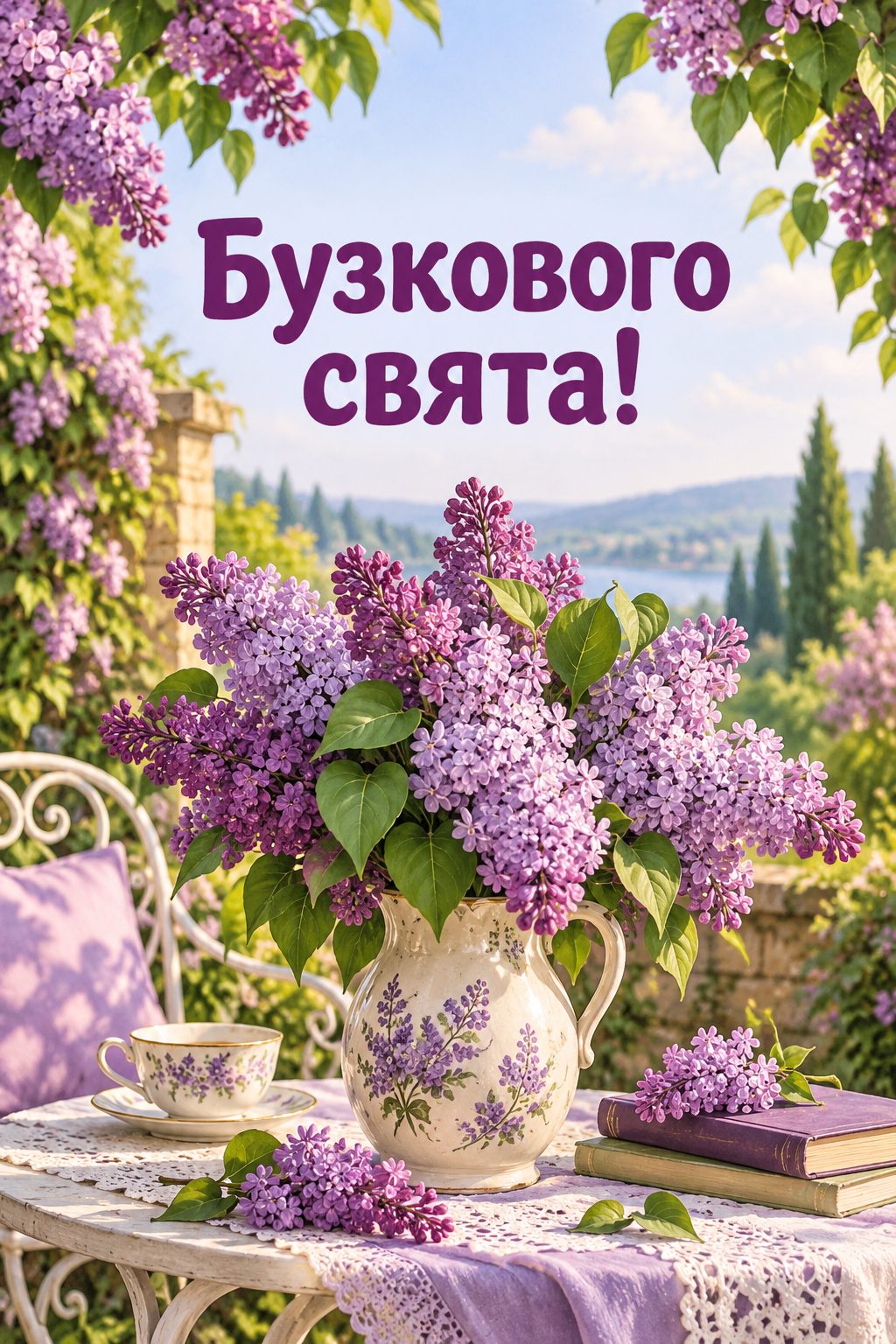 Листівка з днем народження з квітами: гілки бузку в старовинній вазі на садовому столі, напис «Бузкового свята!»