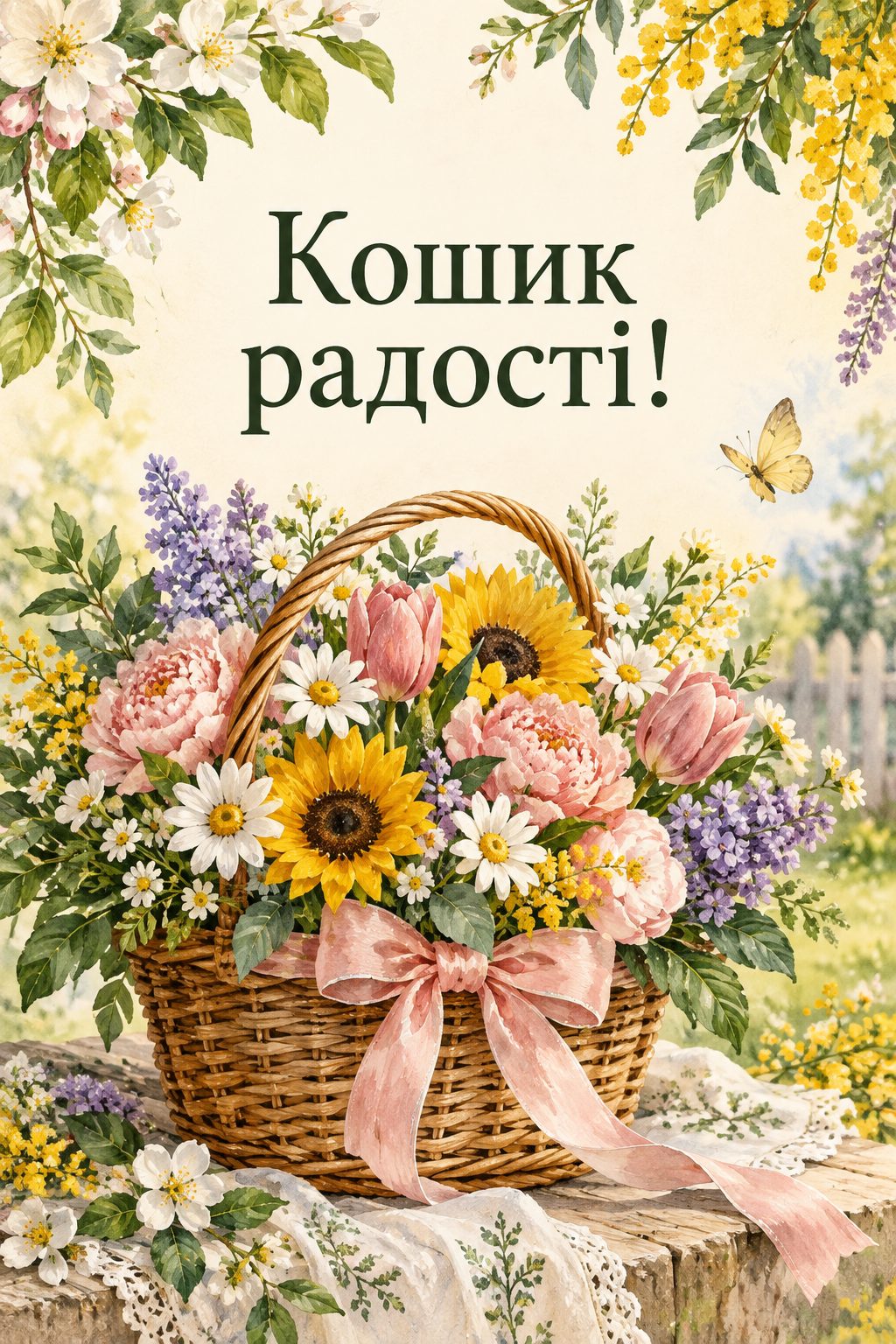 Листівка з днем народження з квітами: плетений кошик різнокольорових квітів, напис «Кошик радості!»