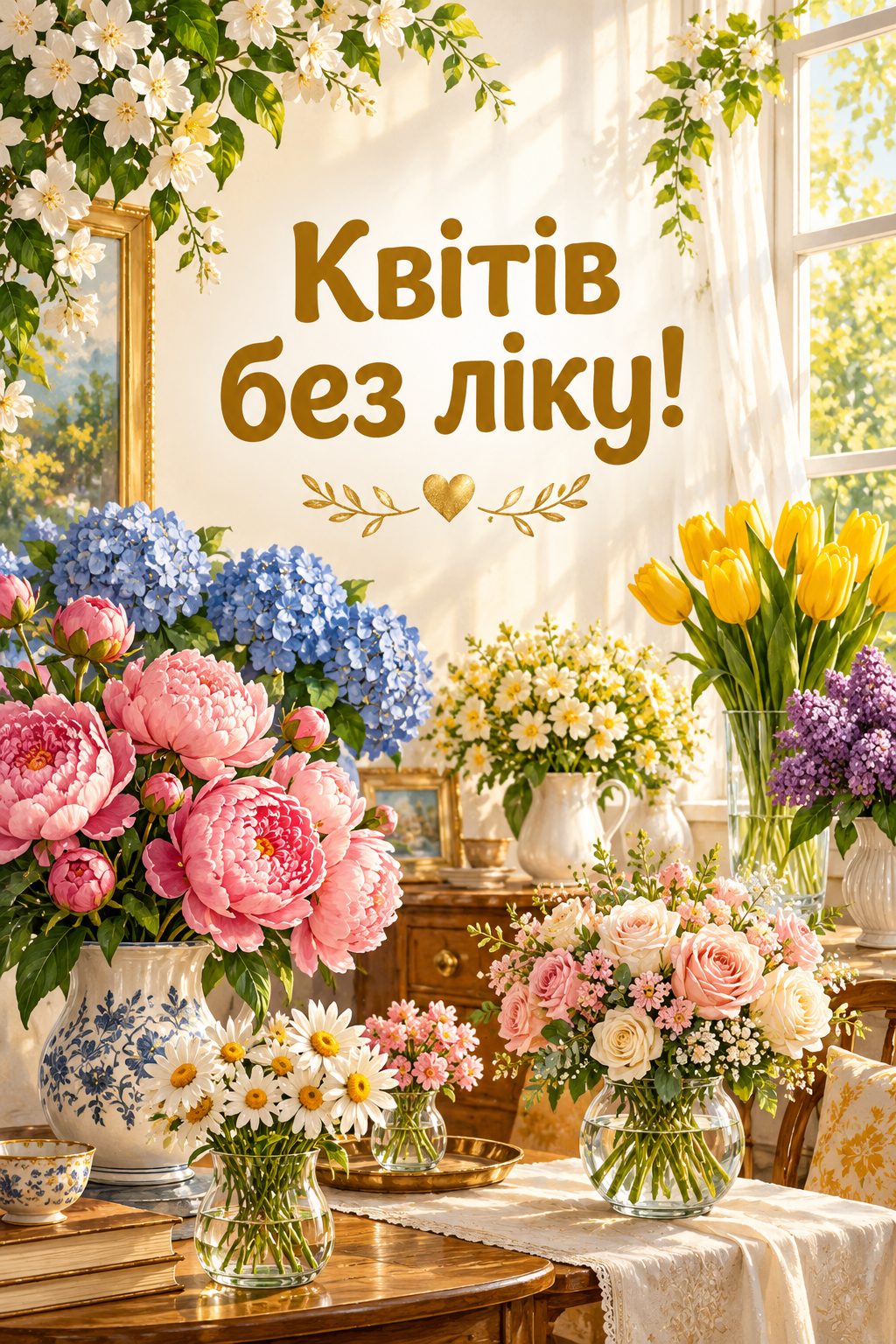 Листівка з днем народження з квітами: безліч ваз із різними квітами в сонячній кімнаті, напис «Квітів без ліку!»