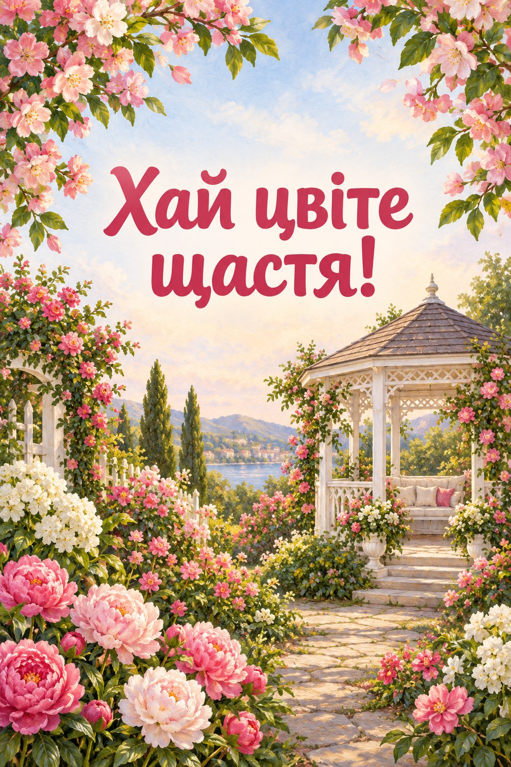 Листівка з днем народження з квітами: квітучий сад із білою альтанкою, напис «Хай цвіте щастя!»