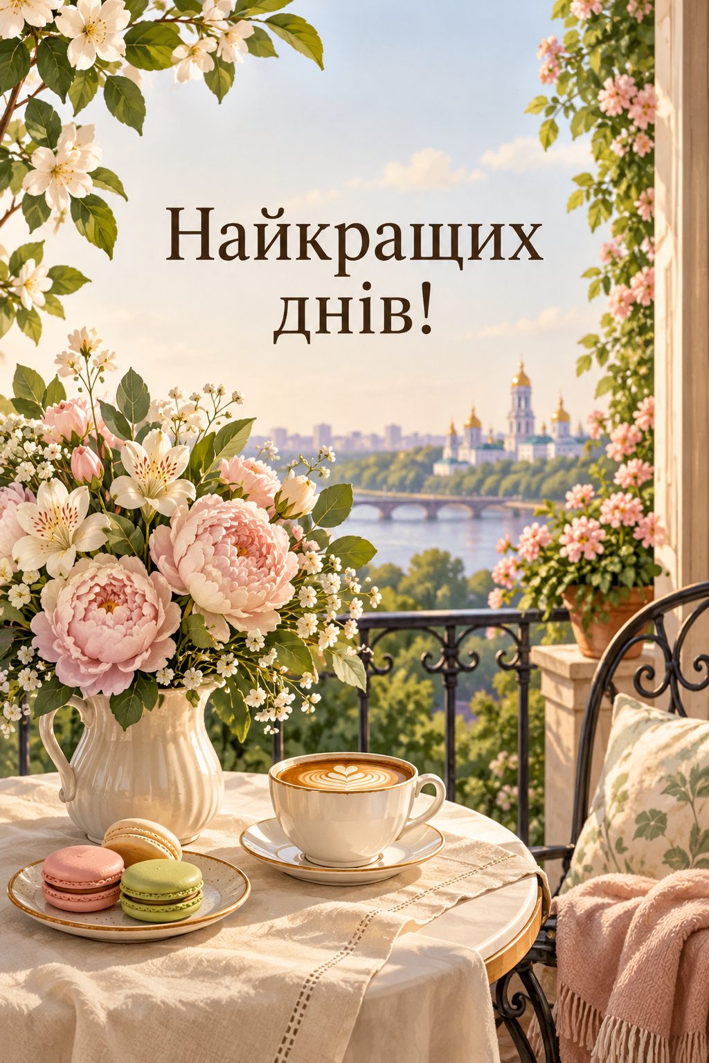 Листівка з днем народження з квітами: букет, чашка кави й макаруни на балконі, напис «Найкращих днів!»