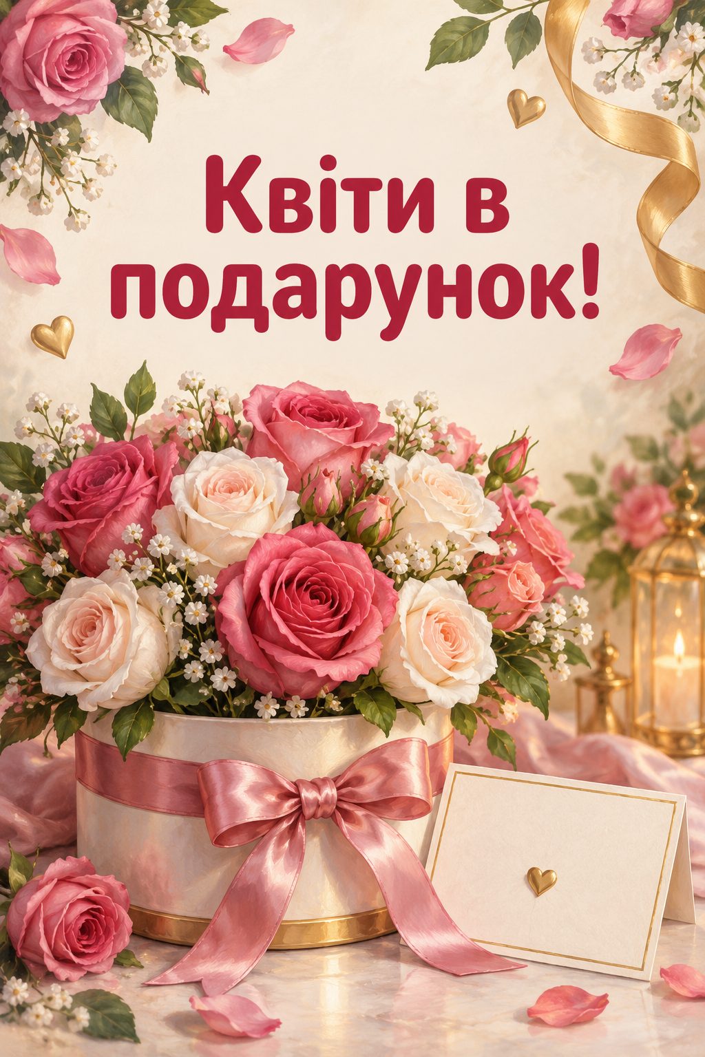 Листівка з днем народження з квітами: елегантна коробка з трояндами, напис «Квіти в подарунок!»