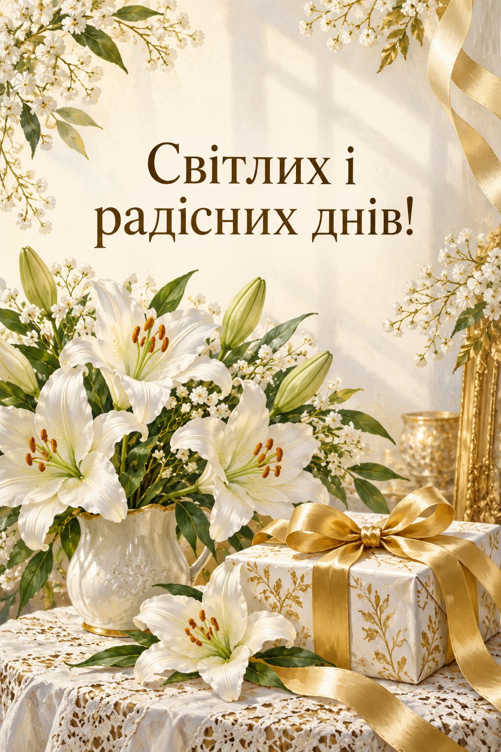 Листівка з днем народження з квітами: білі лілії й подарунок з атласною стрічкою, напис «Світлих і радісних днів!»