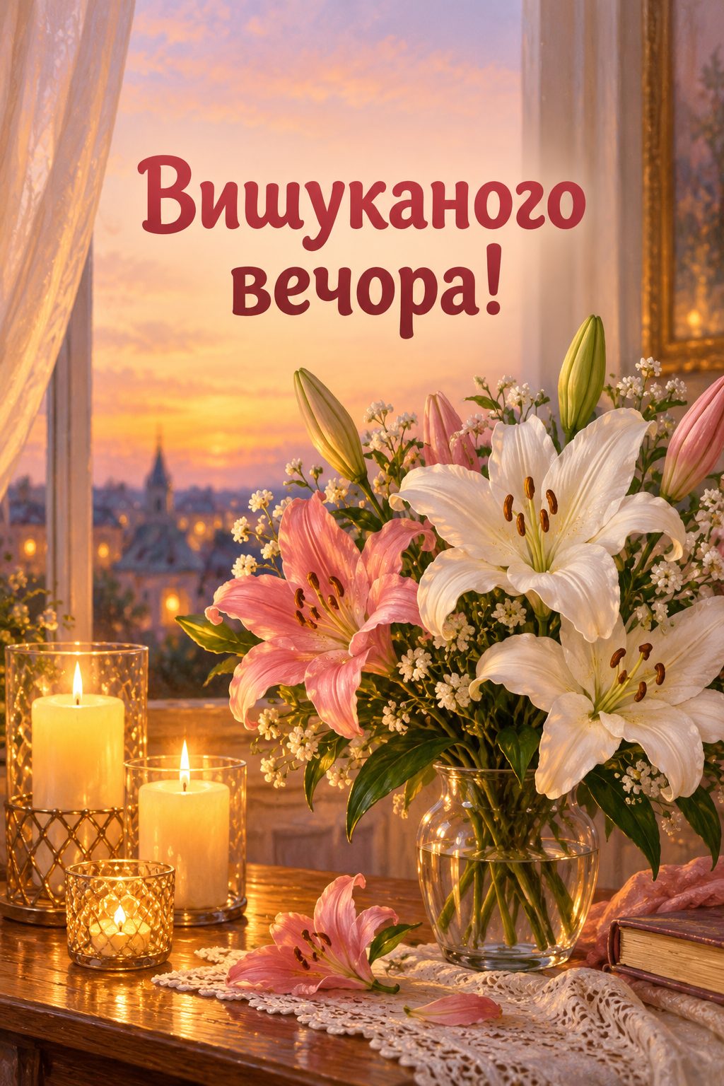 Листівка з днем народження з квітами: букет лілій і свічки у вечірньому світлі, напис «Вишуканого вечора!»