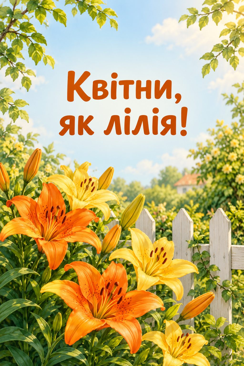 Листівка з днем народження з квітами: садові лілії біля білого паркану, напис «Квітни, як лілія!»