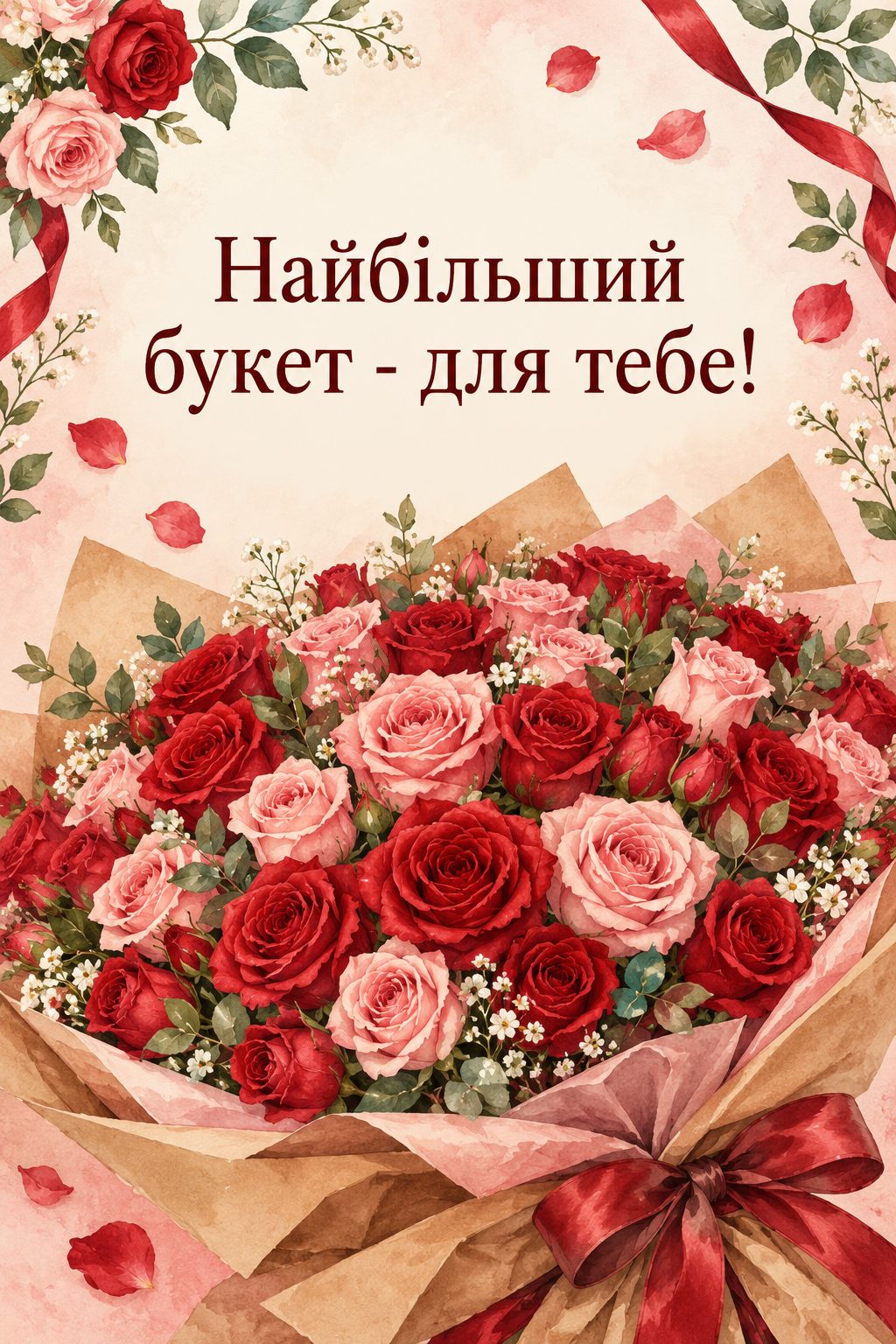Листівка з днем народження з квітами: величезний букет червоних і рожевих троянд, напис «Найбільший букет - для тебе!»