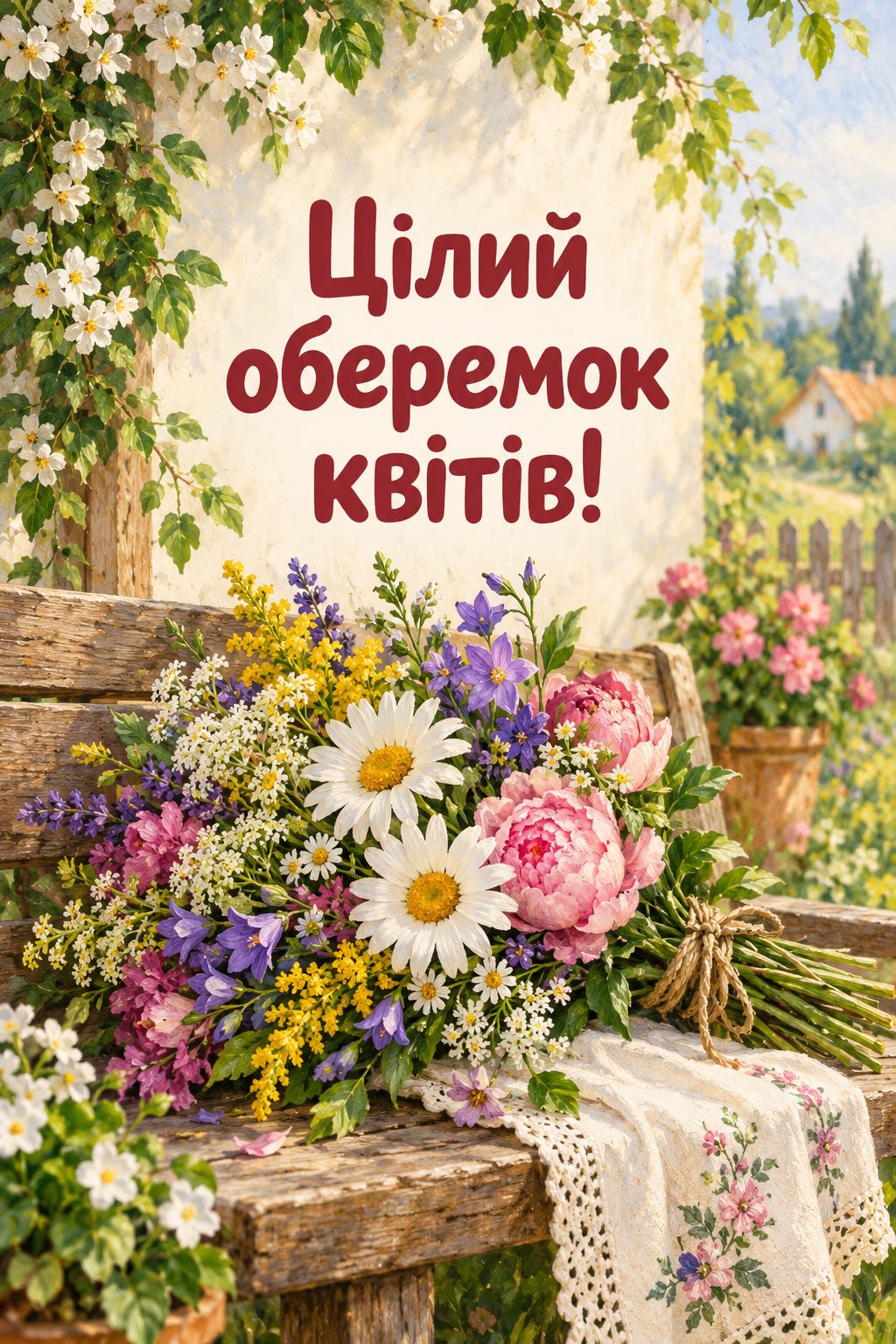 Листівка з днем народження з квітами: оберемок садових квітів на дерев'яній лаві, напис «Цілий оберемок квітів!»
