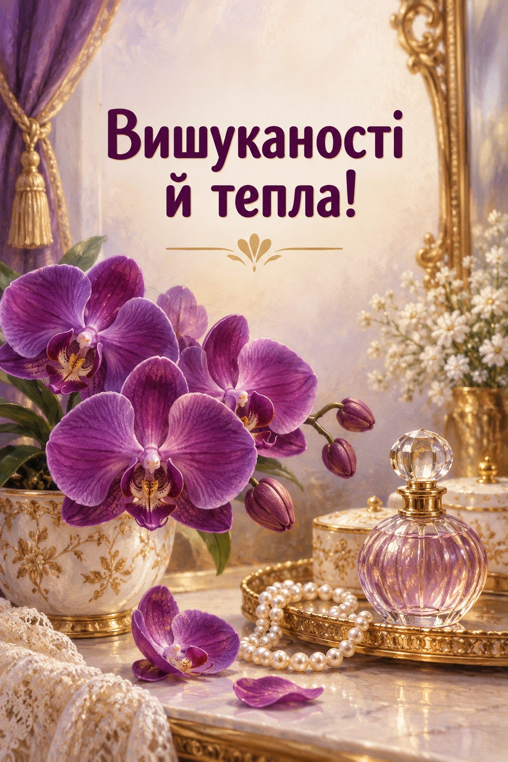 Листівка з днем народження з квітами: фіолетова орхідея, перли й флакон на туалетному столику, напис «Вишуканості й тепла!»