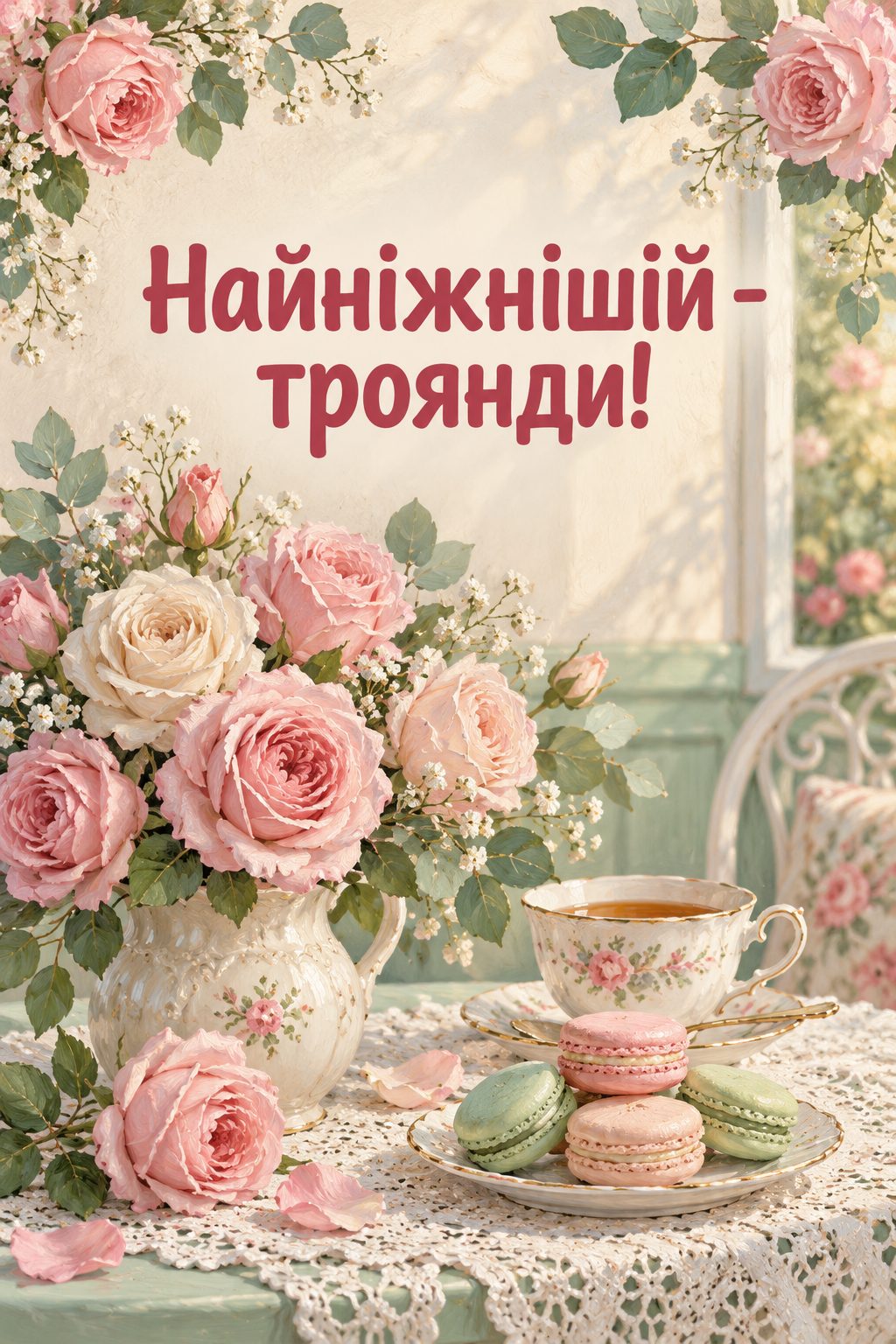 Листівка з днем народження з квітами: пастельні троянди, макаруни й чашка на мереживній скатертині, напис «Найніжнішій - троянди!»