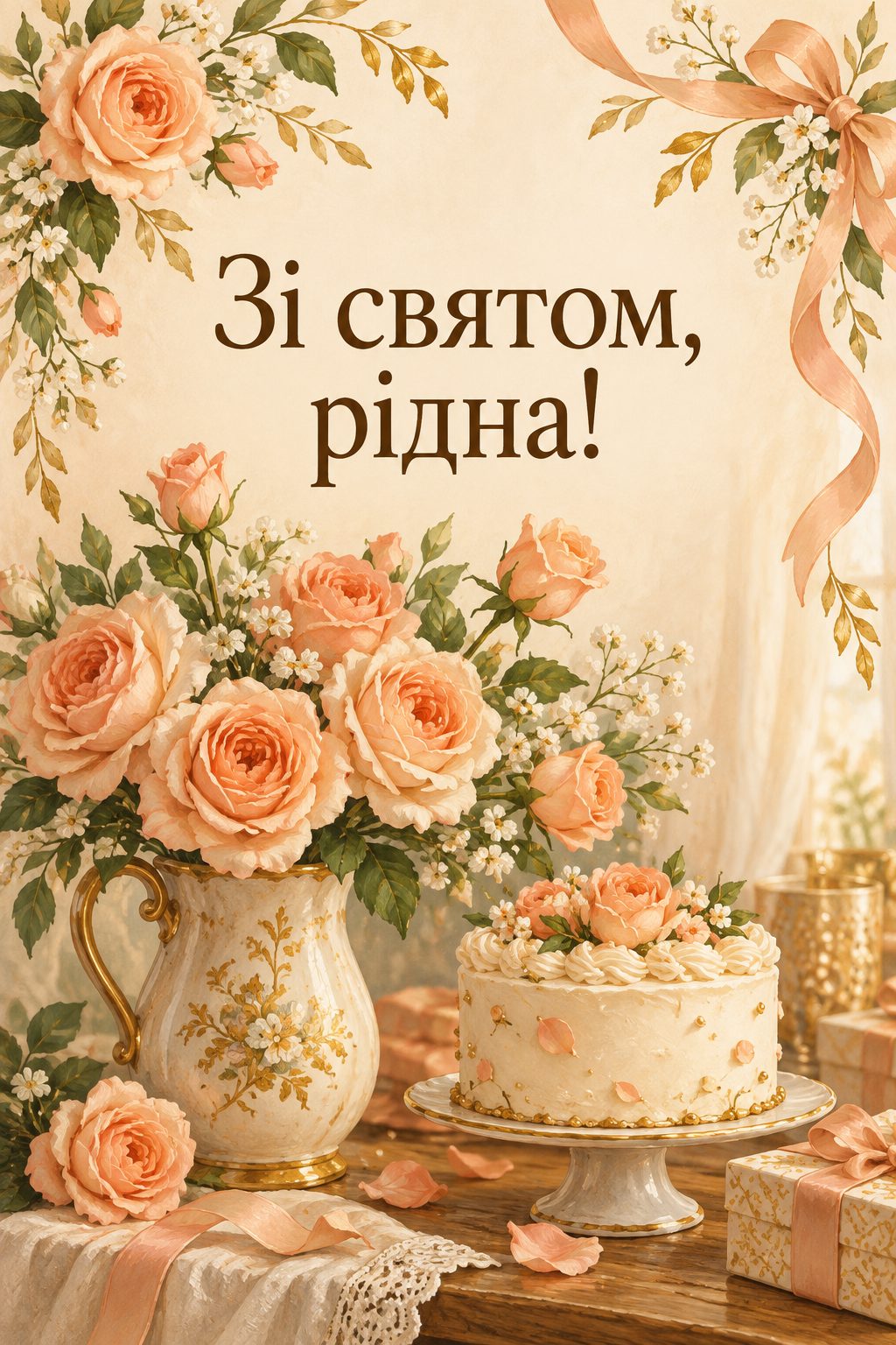 Листівка з днем народження з квітами: персикові троянди у старовинному глечику й святковий торт, напис «Зі святом, рідна!»