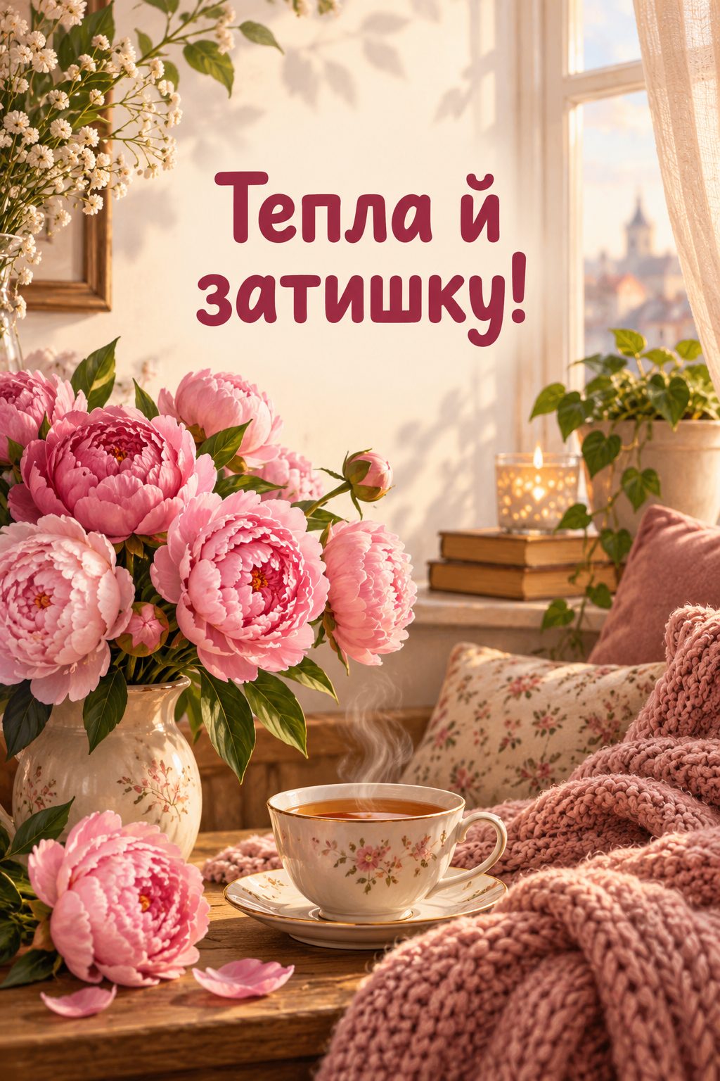 Листівка з днем народження з квітами: півонії, чашка чаю й плед біля вікна, напис «Тепла й затишку!»