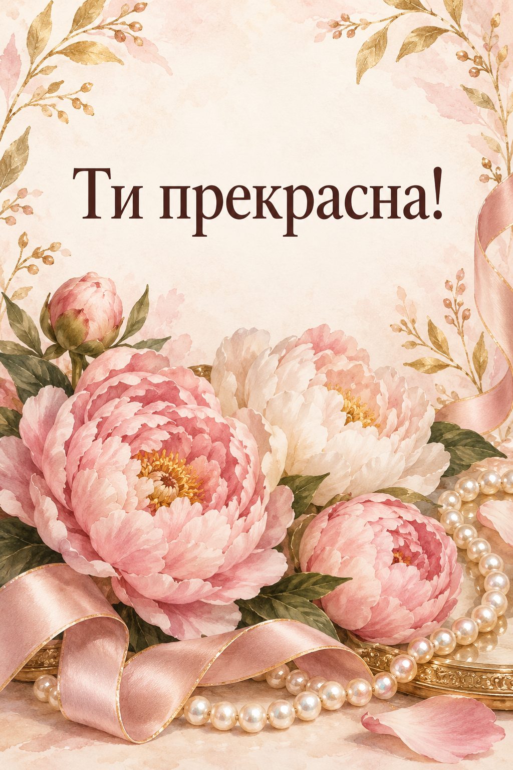 Листівка з днем народження з квітами: півонії, нитка перлів і шовкова стрічка, напис «Ти прекрасна!»