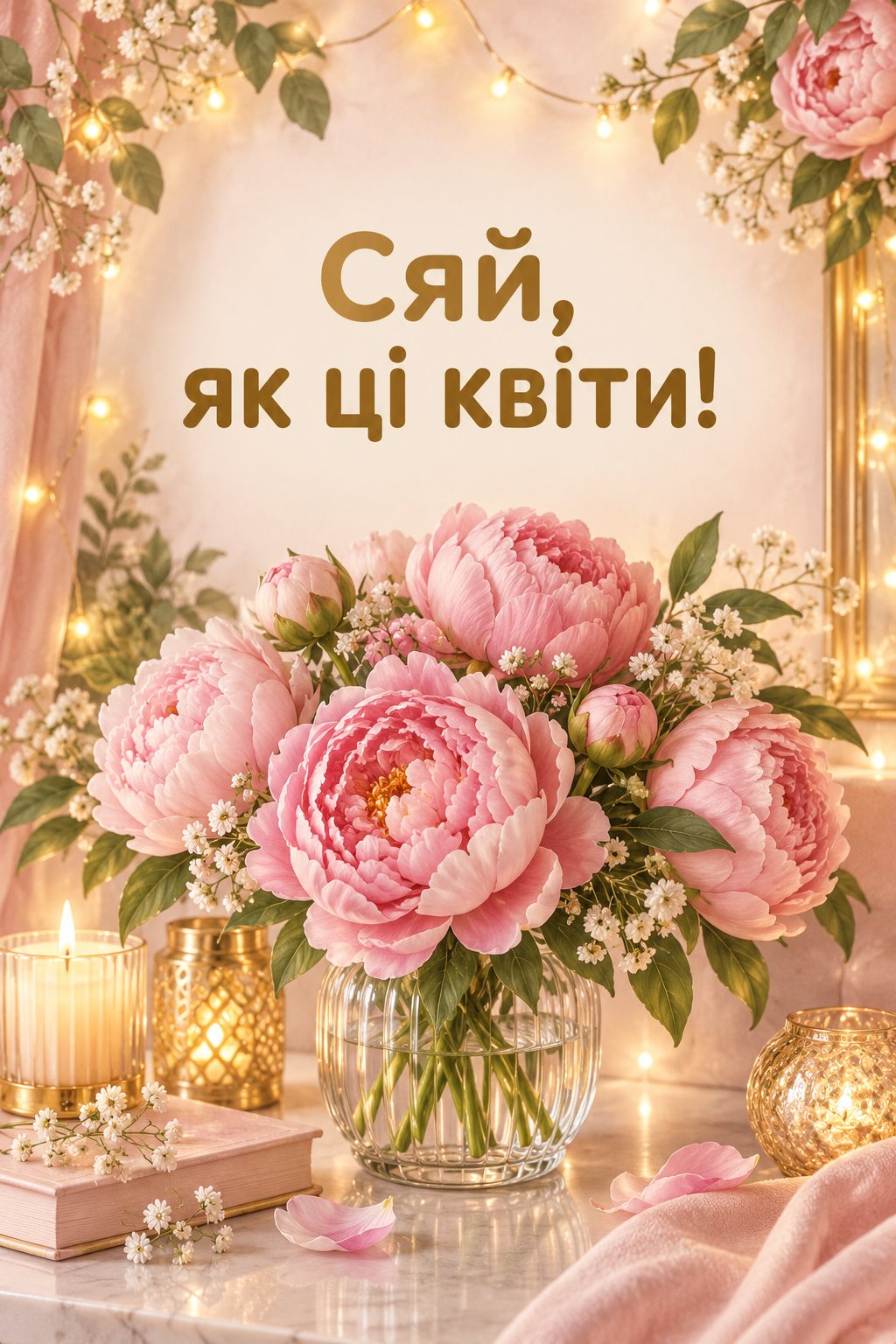Листівка з днем народження з квітами: півонії у вазі серед теплих вогників, напис «Сяй, як ці квіти!»