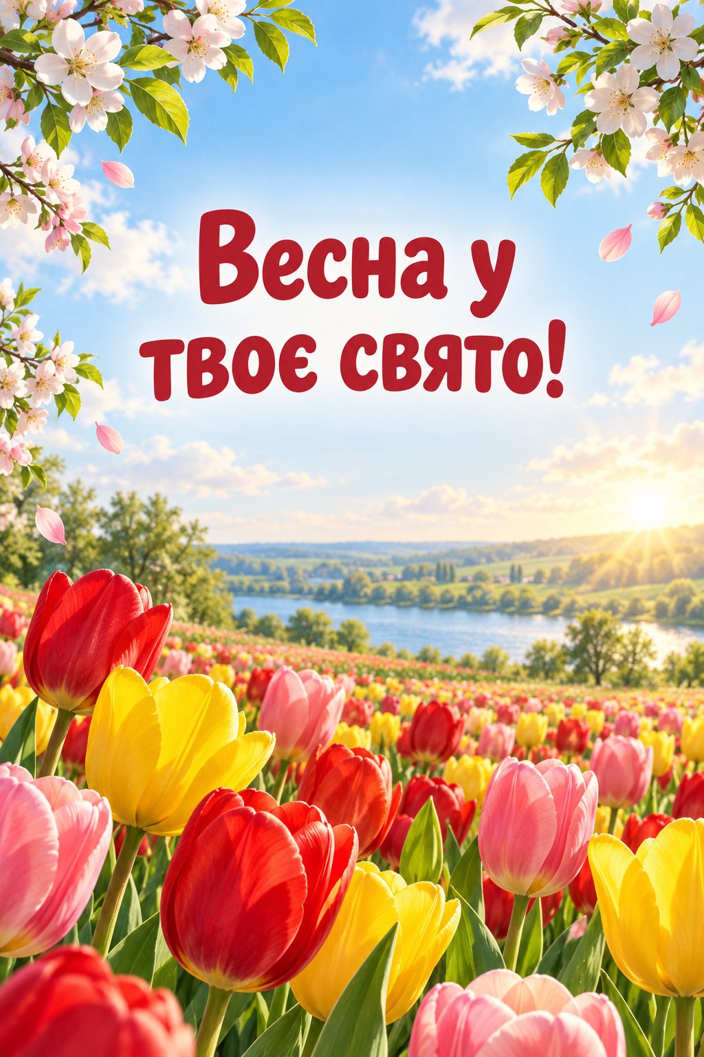 Листівка з днем народження з квітами: поле різнокольорових тюльпанів, напис «Весна у твоє свято!»