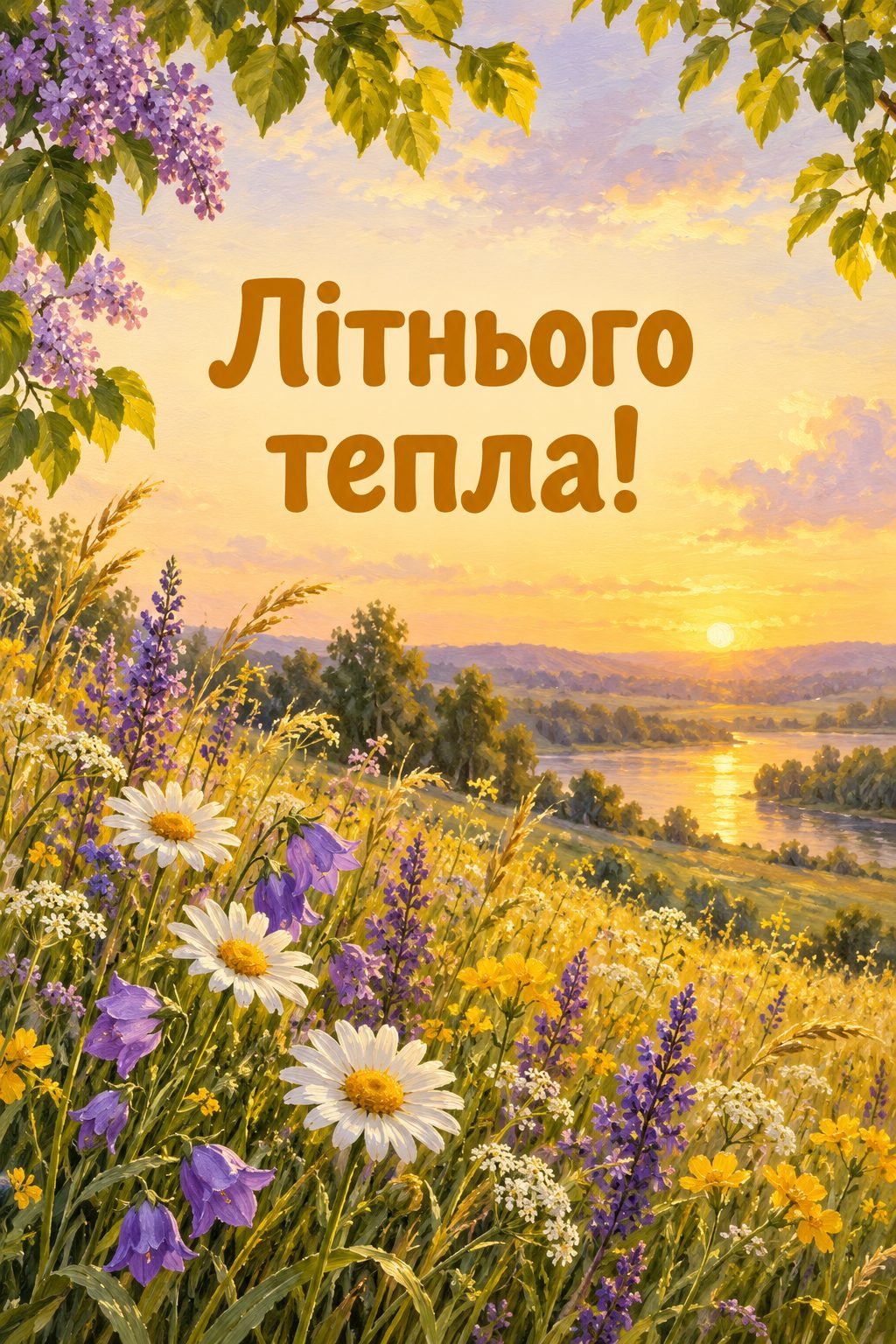 Листівка з днем народження з квітами: луг польових квітів у вечірньому світлі, напис «Літнього тепла!»