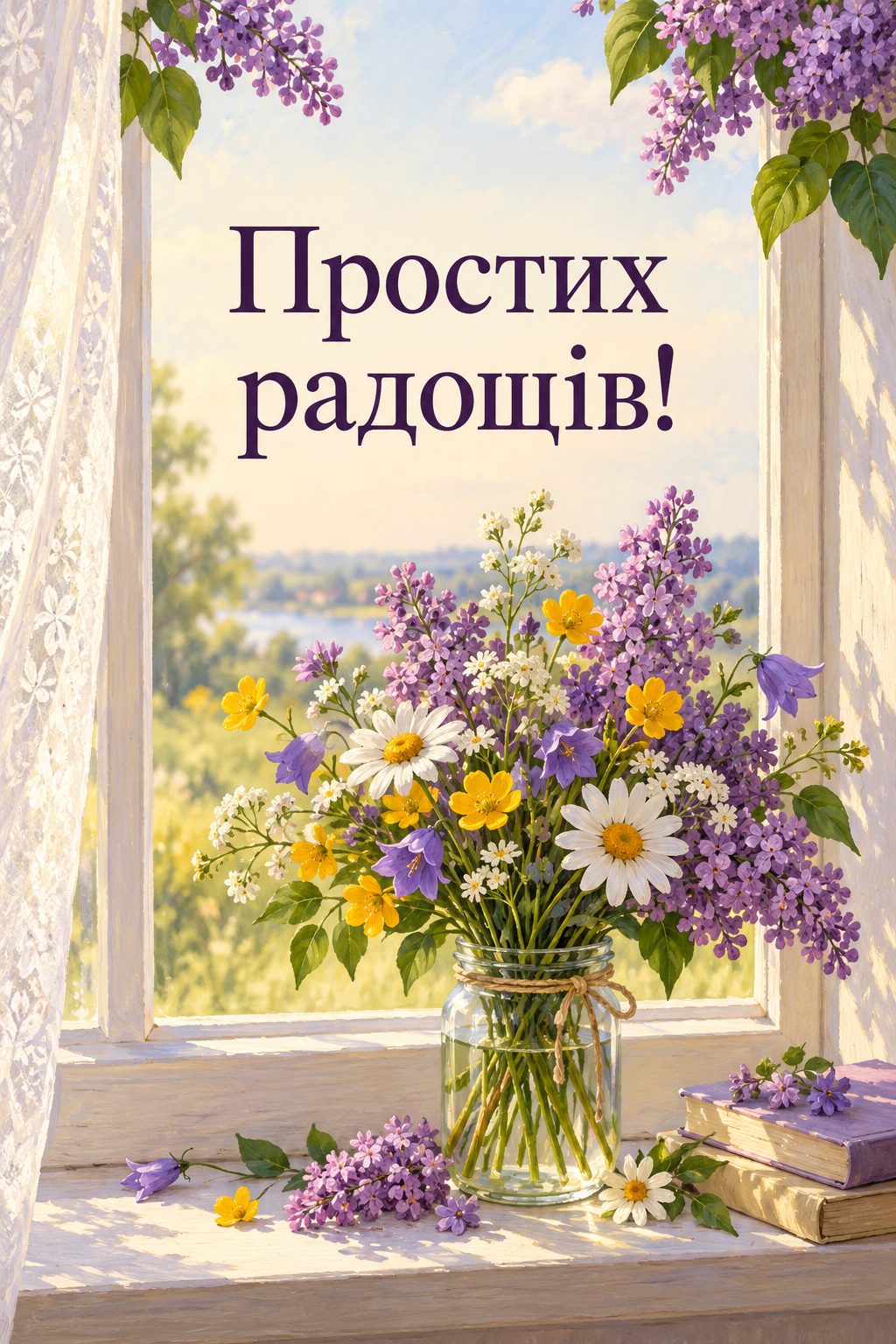 Листівка з днем народження з квітами: маленький букет польових квітів у банці на підвіконні, напис «Простих радощів!»