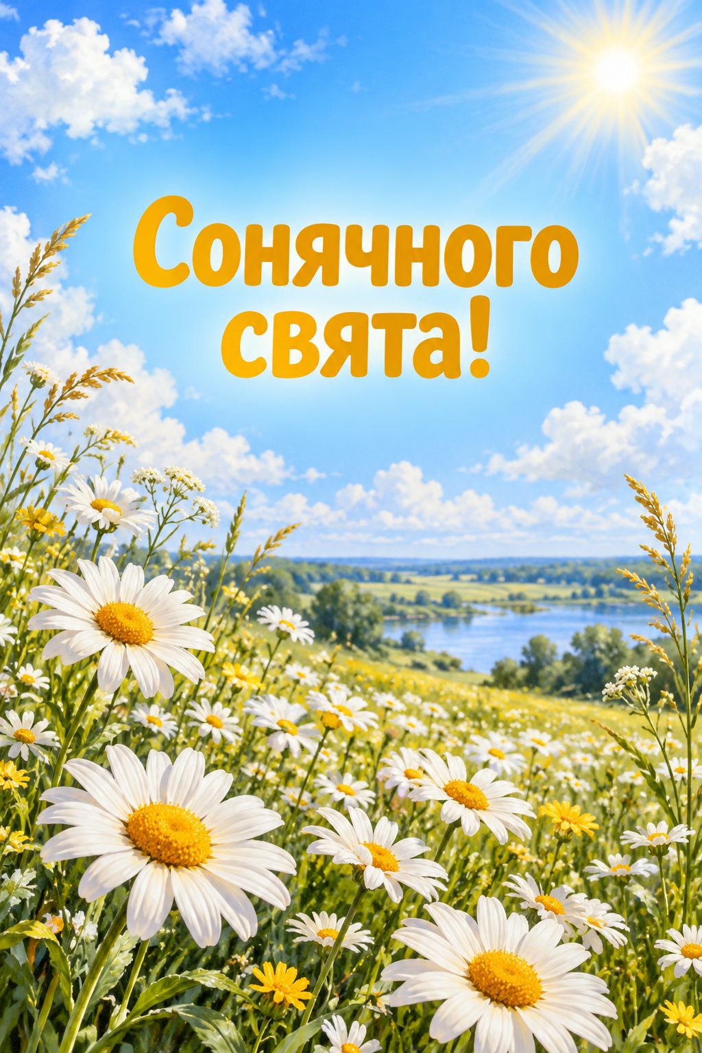 Листівка з днем народження з квітами: ромашкове поле під синім небом, напис «Сонячного свята!»
