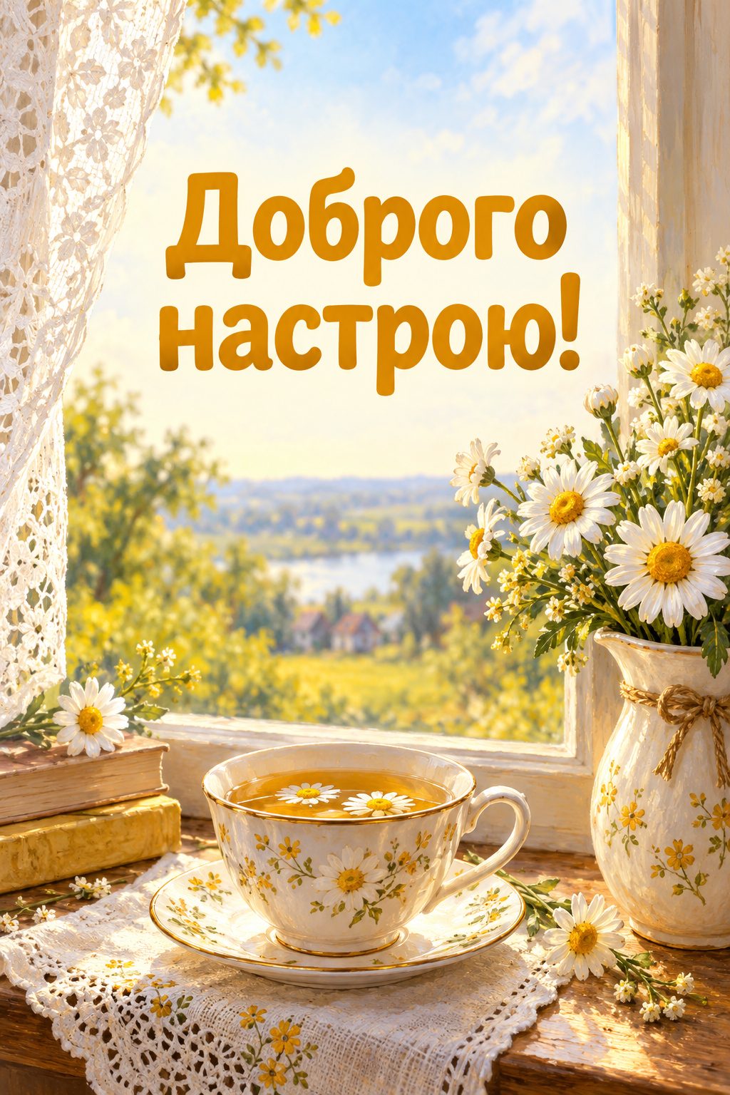 Листівка з днем народження з квітами: чашка ромашкового чаю й букетик ромашок, напис «Доброго настрою!»
