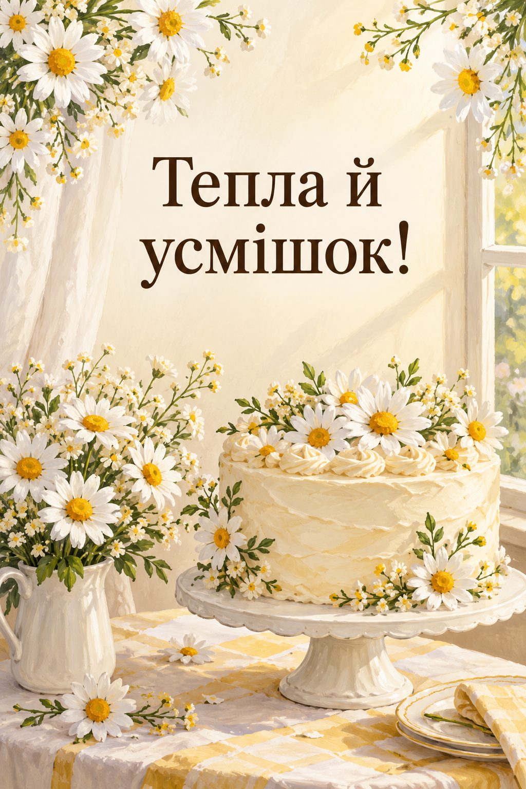 Листівка з днем народження з квітами: торт, прикрашений ромашками, і букетик, напис «Тепла й усмішок!»