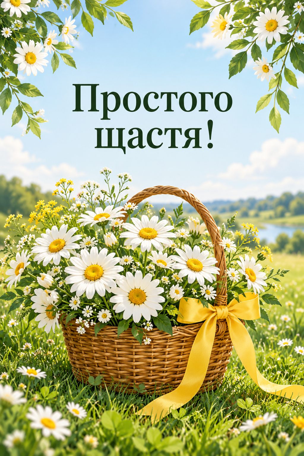 Листівка з днем народження з квітами: кошик ромашок зі стрічкою на траві, напис «Простого щастя!»
