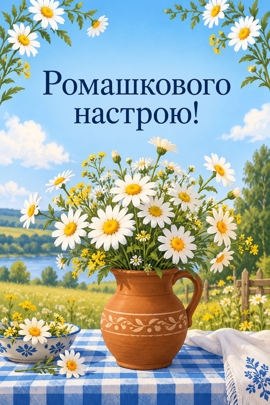 Листівка з днем народження з квітами: ромашки в глиняному глечику на картатій скатертині, напис «Ромашкового настрою!»