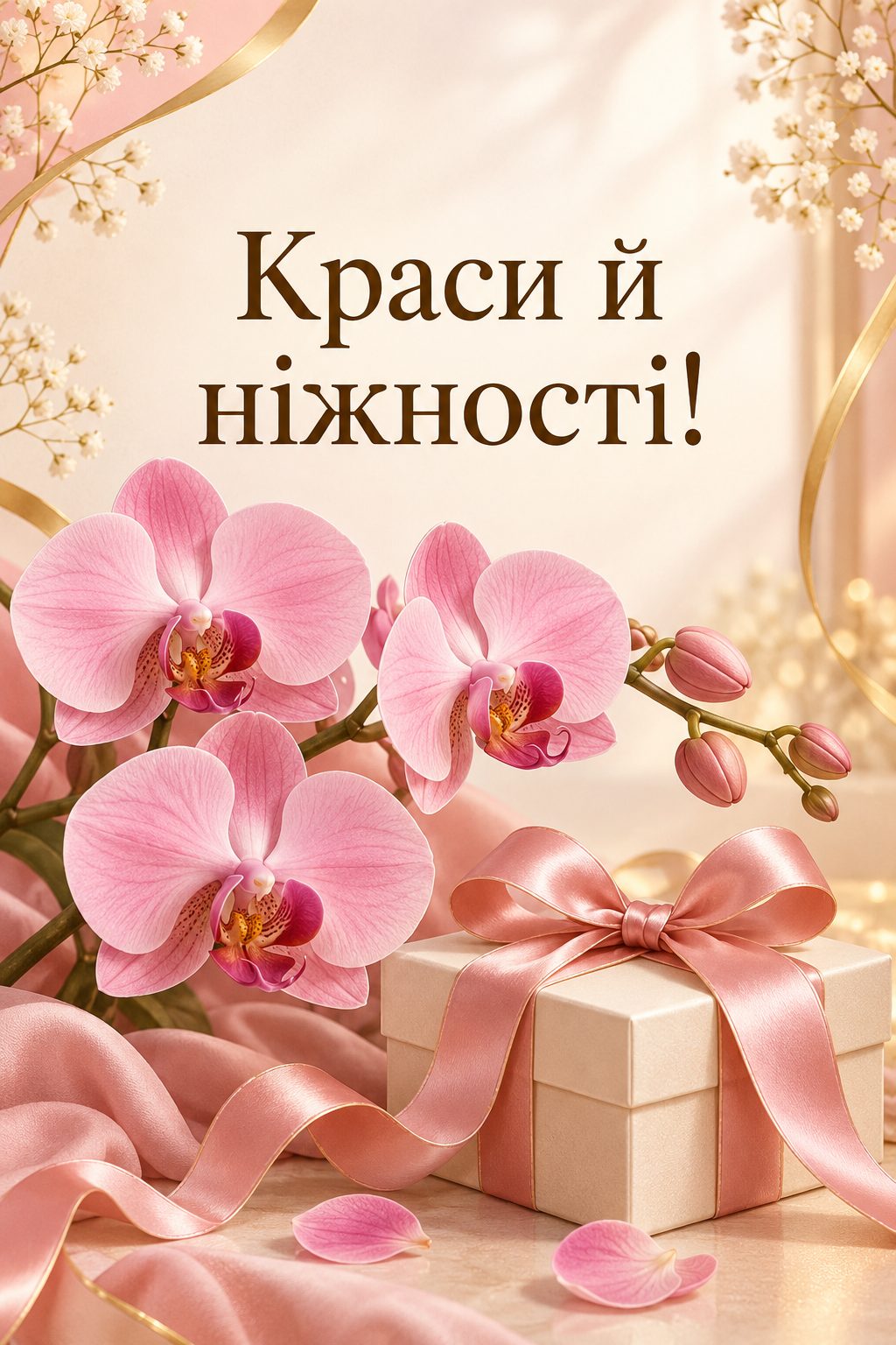 Листівка з днем народження з квітами: гілка рожевих орхідей і подарунок із шовковою стрічкою, напис «Краси й ніжності!»