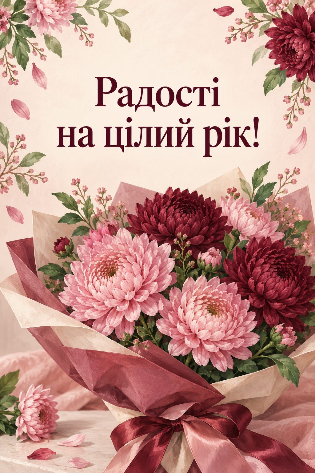 Листівка з днем народження з квітами: рожеві й бордові хризантеми в папері зі стрічкою, напис «Радості на цілий рік!»