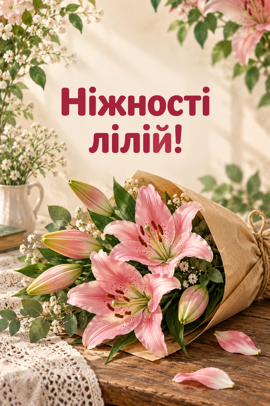 Листівка з днем народження з квітами: рожеві лілії в крафтовому папері, напис «Ніжності лілій!»
