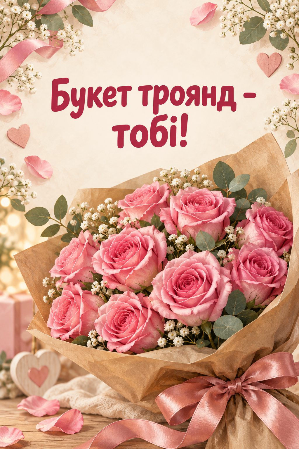 Листівка з днем народження з квітами: букет рожевих троянд у крафтовому папері зі стрічкою, напис «Букет троянд - тобі!»