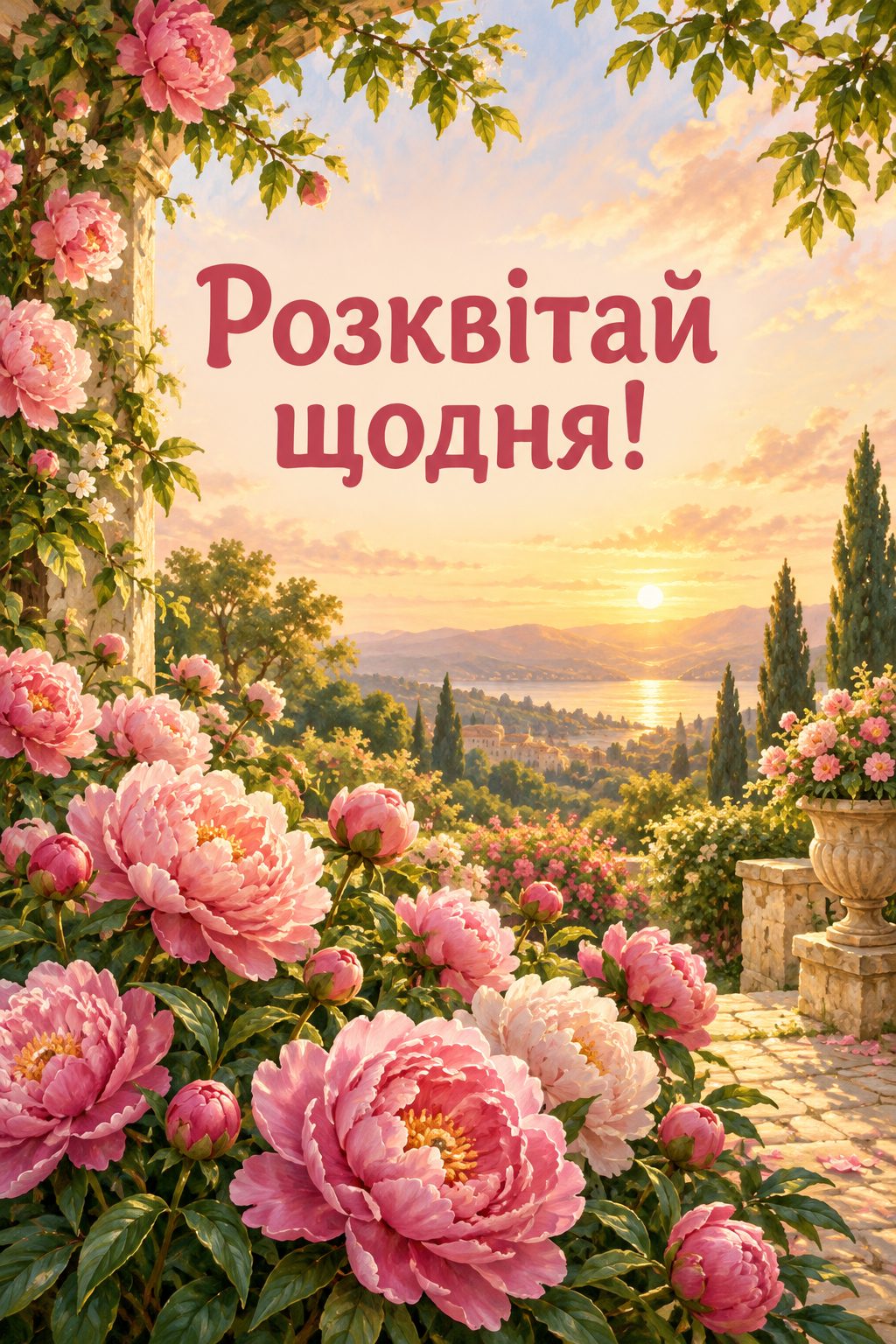 Листівка з днем народження з квітами: сад із квітучими півоніями на світанку, напис «Розквітай щодня!»