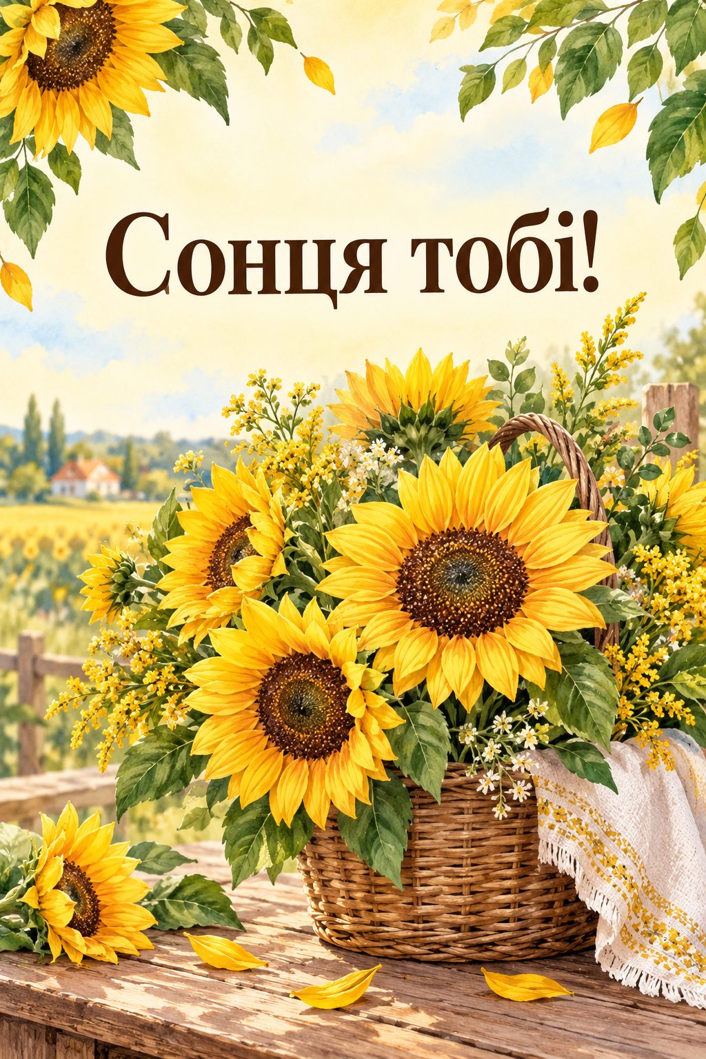 Листівка з днем народження з квітами: букет соняшників у плетеному кошику, напис «Сонця тобі!»