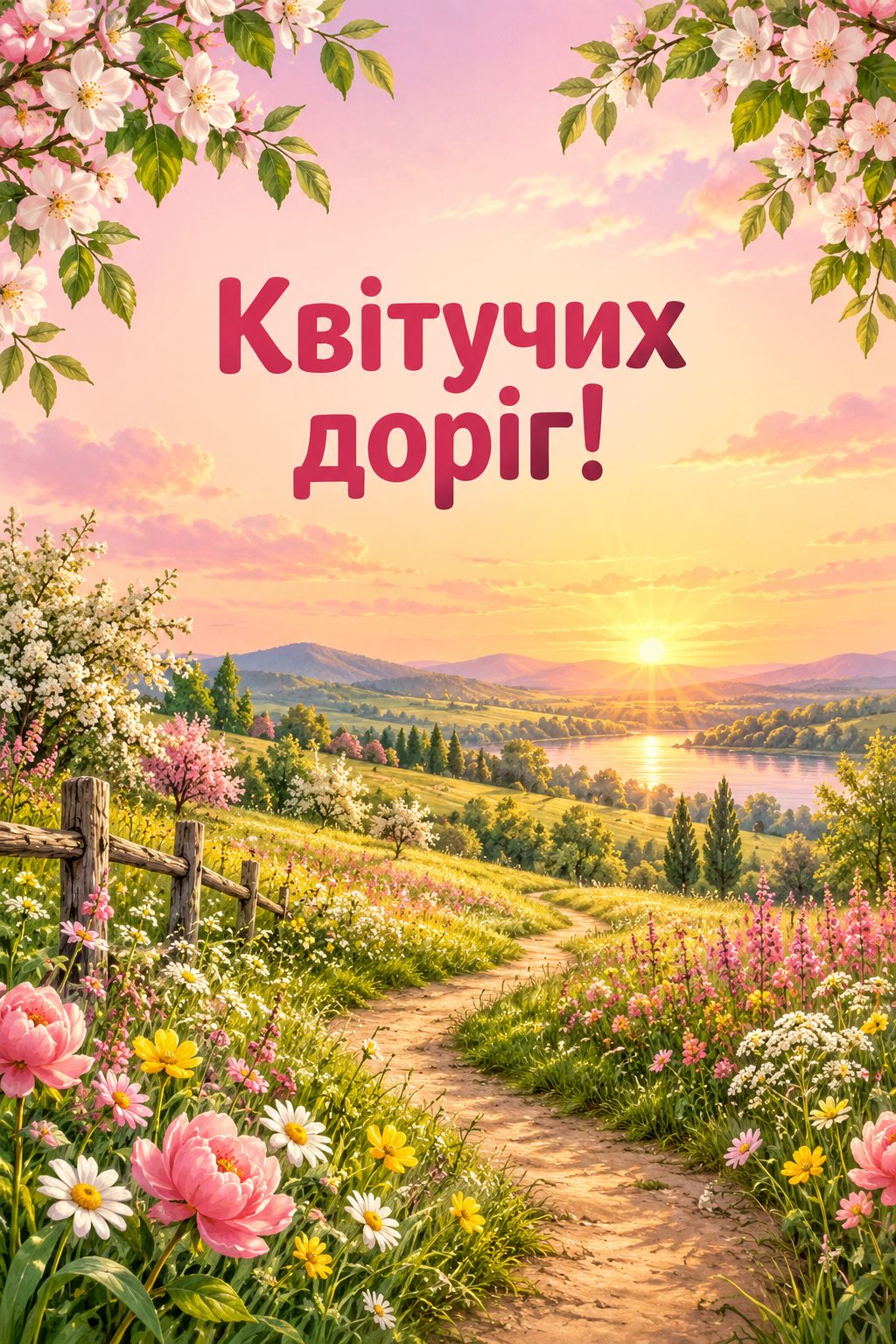 Листівка з днем народження з квітами: стежка через квітучий луг до світанку, напис «Квітучих доріг!»